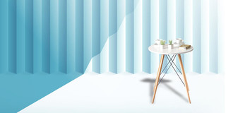 蓝色小清新简约现代风格桌子咖啡杯书植物家居展板背景